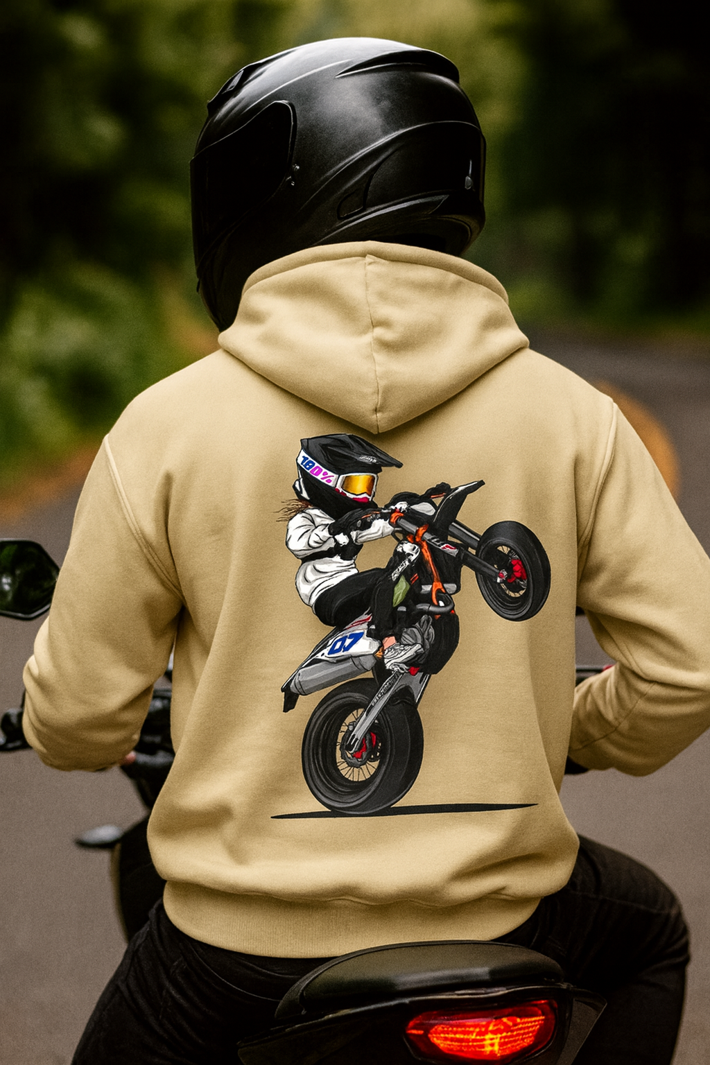 Beige Motorbike Wheelie Rider Hoodie