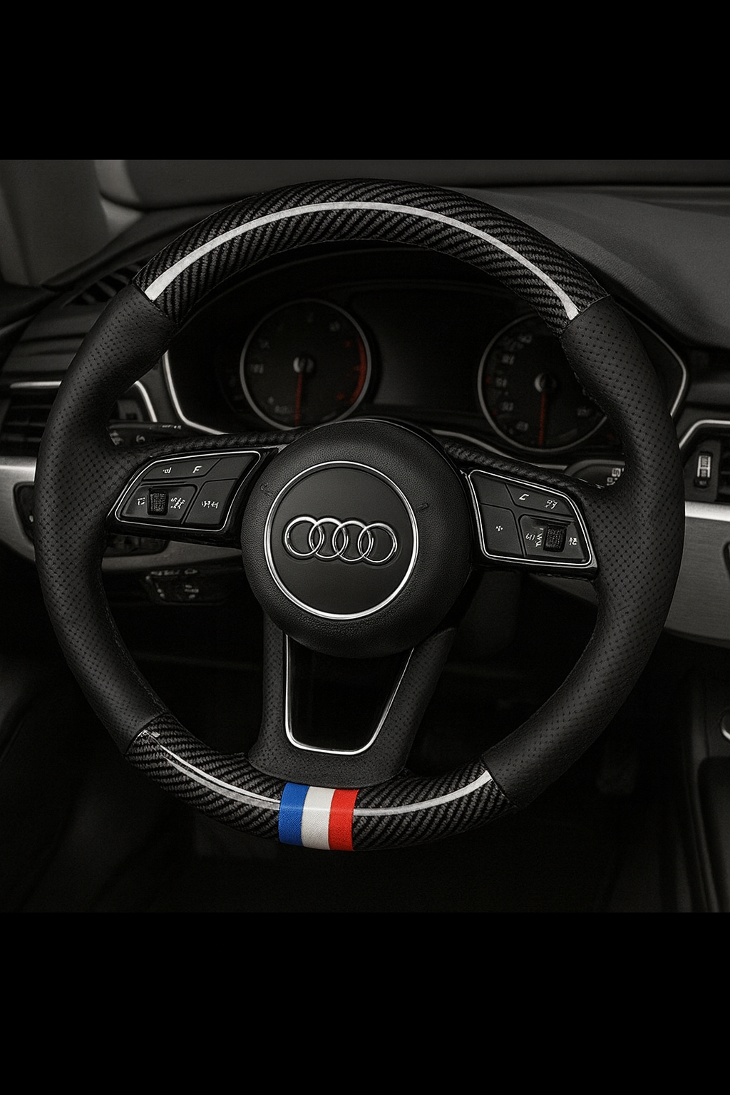 Carbon Fiber & Leather Universal Steering Wheel Cover – Black with French Stripe