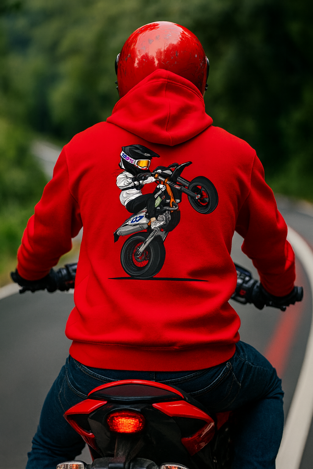 Red Motorbike Wheelie Rider Hoodie