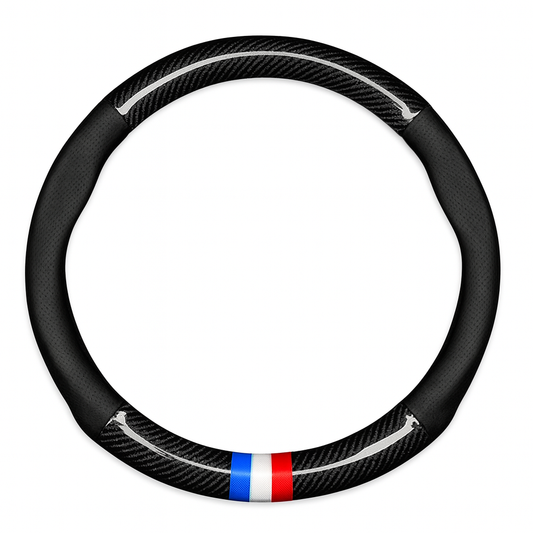 Carbon Fiber & Leather Universal Steering Wheel Cover – Black with French Stripe